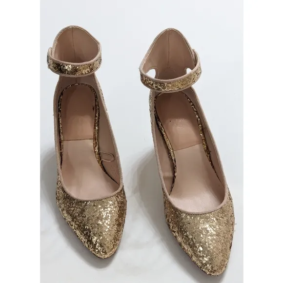 Zara Gold Glitter Mid Heel Shoes With Ankle Strap Women's Size 6