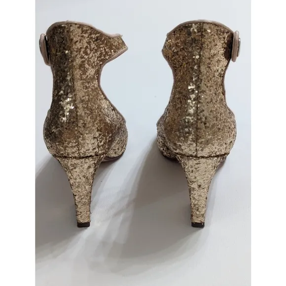 Zara Gold Glitter Mid Heel Shoes With Ankle Strap Women's Size 6