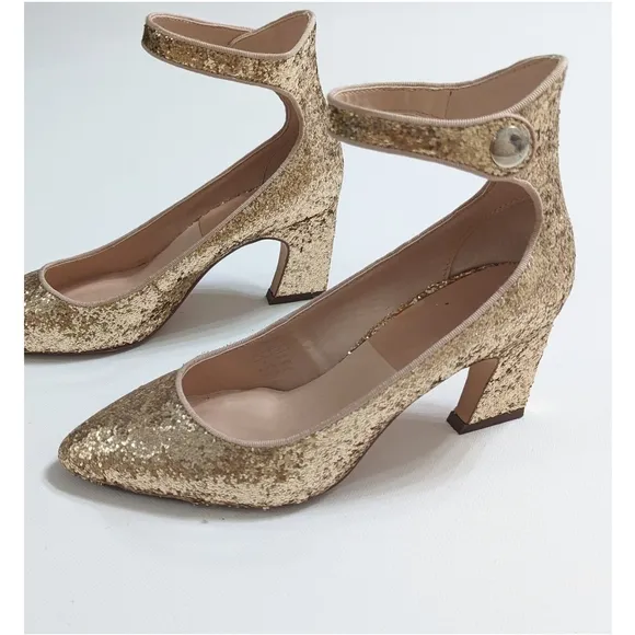 Zara Gold Glitter Mid Heel Shoes With Ankle Strap Women's Size 6