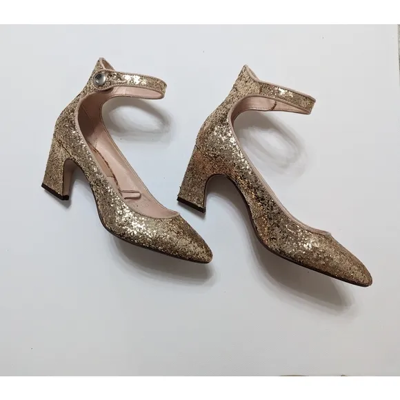 Zara Gold Glitter Mid Heel Shoes With Ankle Strap Women's Size 6