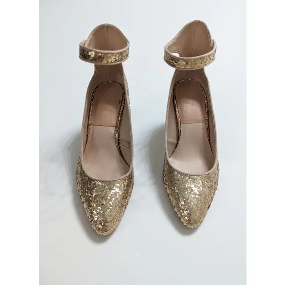 Zara Gold Glitter Mid Heel Shoes With Ankle Strap Women's Size 6