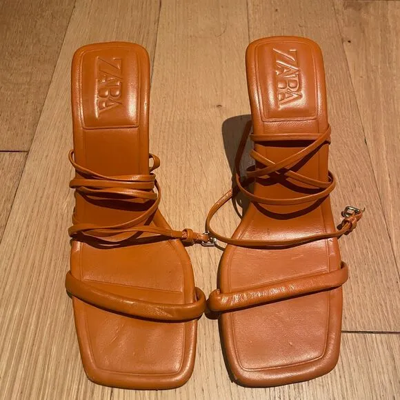 ZARA Heels Tied Lace up Strappy Sandals Orange 39 EU 8.5 US