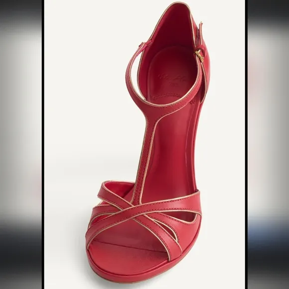 Zara Kate Moss Red Real Leather Gold Women's Red Strappy Heels Sandals