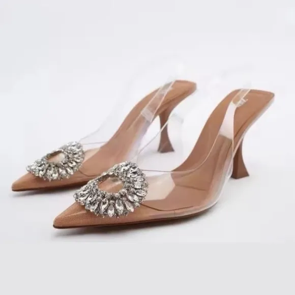 ZARA Nude Rhinestone Crystal Circle Embellished PVC Clear Slingback Heels