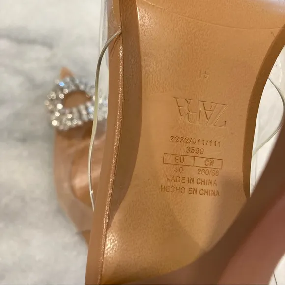 ZARA Nude Rhinestone Crystal Circle Embellished PVC Clear Slingback Heels