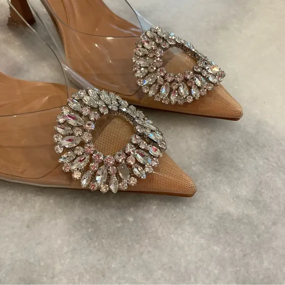 ZARA Nude Rhinestone Crystal Circle Embellished PVC Clear Slingback Heels