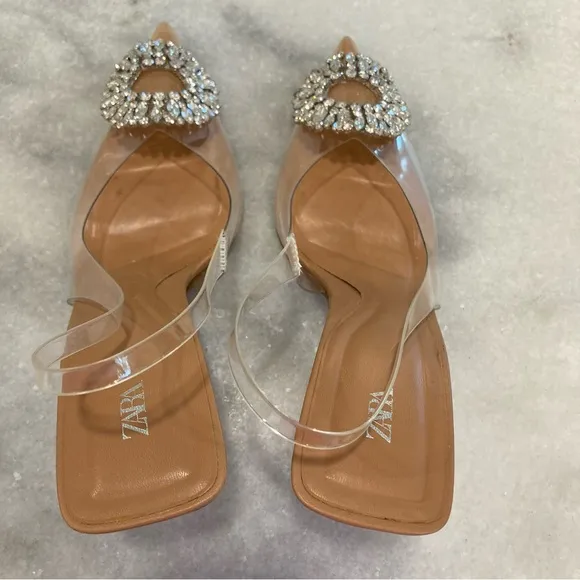 ZARA Nude Rhinestone Crystal Circle Embellished PVC Clear Slingback Heels