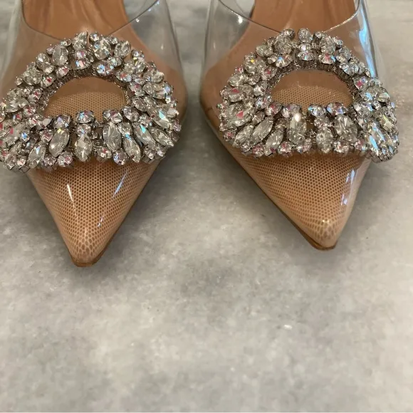 ZARA Nude Rhinestone Crystal Circle Embellished PVC Clear Slingback Heels