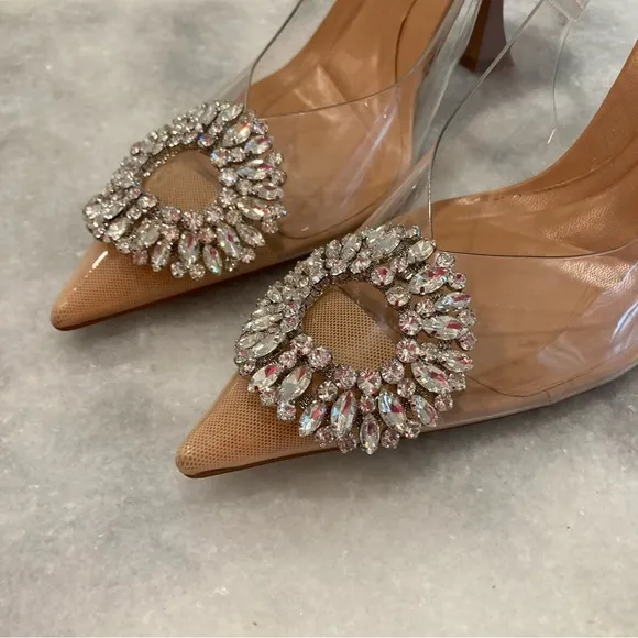 ZARA Nude Rhinestone Crystal Circle Embellished PVC Clear Slingback Heels