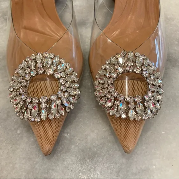 ZARA Nude Rhinestone Crystal Circle Embellished PVC Clear Slingback Heels
