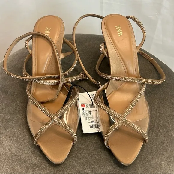 Zara Sandy Brown Crystal rhinestone lace up vinyl strappy high heel sandals 6.5