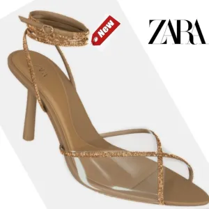 Zara Sandy Brown Crystal rhinestone lace up vinyl strappy high heel sandals 6.5