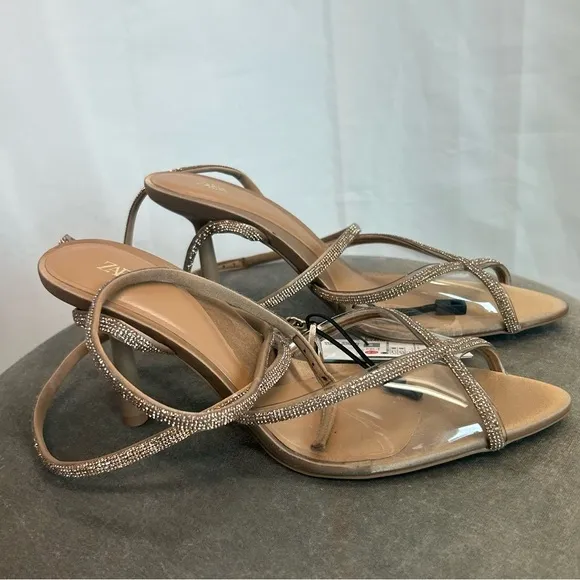Zara Sandy Brown Crystal rhinestone lace up vinyl strappy high heel sandals 6.5