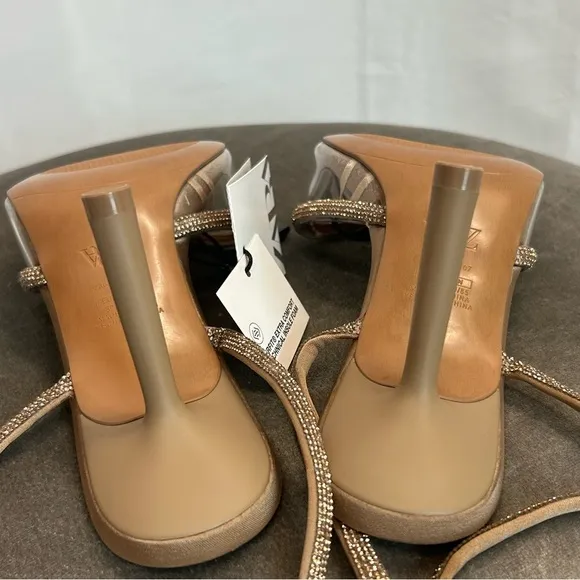 Zara Sandy Brown Crystal rhinestone lace up vinyl strappy high heel sandals 6.5