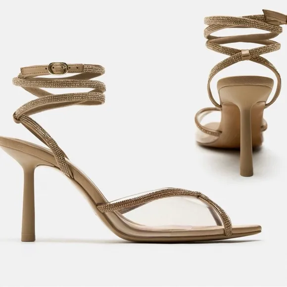 Zara Sandy Brown Crystal rhinestone lace up vinyl strappy high heel sandals 6.5
