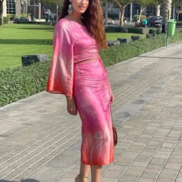 Zara set NWT — pink Tie-Dye satin top &amp; skirt matching 2 piece set