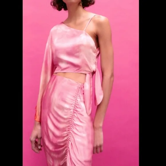 Zara set NWT — pink Tie-Dye satin top &amp; skirt matching 2 piece set