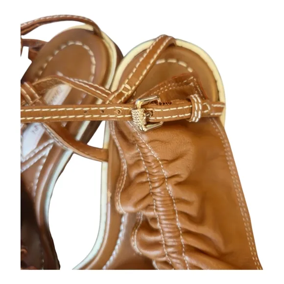Zimmerman Skinny Strap Ruffle Kitten Heel Sandals Size 37 EU Leather Camel