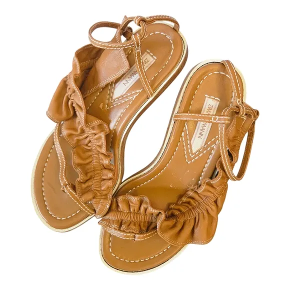 Zimmerman Skinny Strap Ruffle Kitten Heel Sandals Size 37 EU Leather Camel