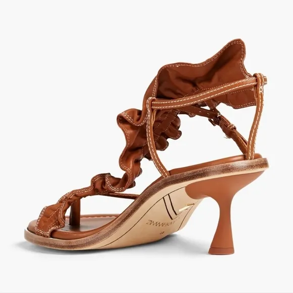 Zimmerman Skinny Strap Ruffle Kitten Heel Sandals Size 37 EU Leather Camel