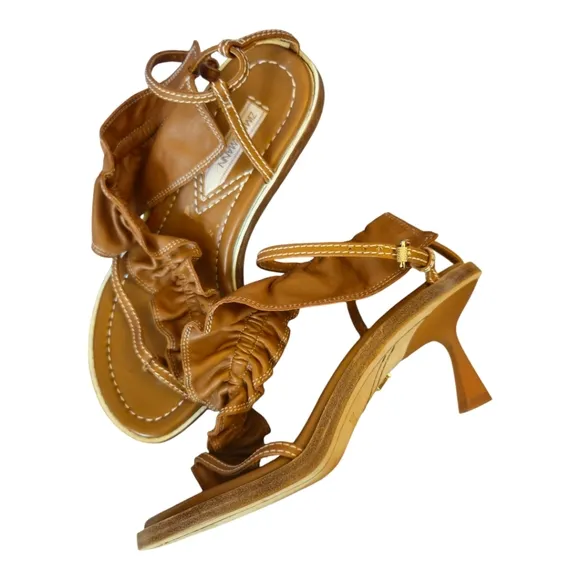 Zimmerman Skinny Strap Ruffle Kitten Heel Sandals Size 37 EU Leather Camel