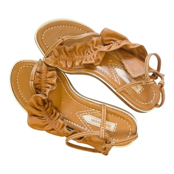 Zimmerman Skinny Strap Ruffle Kitten Heel Sandals Size 37 EU Leather Camel