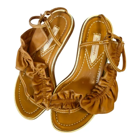 Zimmerman Skinny Strap Ruffle Kitten Heel Sandals Size 37 EU Leather Camel