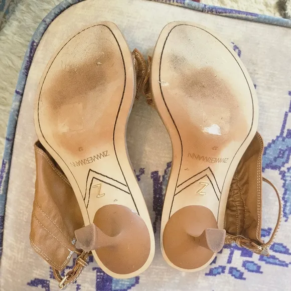 Zimmerman Skinny Strap Ruffle Kitten Heel Sandals Size 37 EU Leather Camel